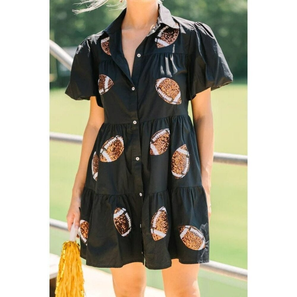 Touchdown Queen Gameday Poplin Button Down Football Dress in Black